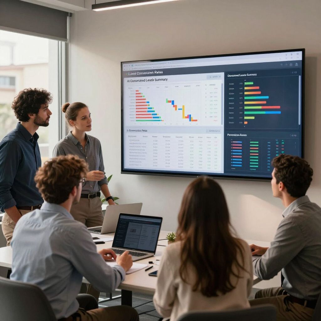 Business team reviewing a data chart on a large screen in a modern office setting.