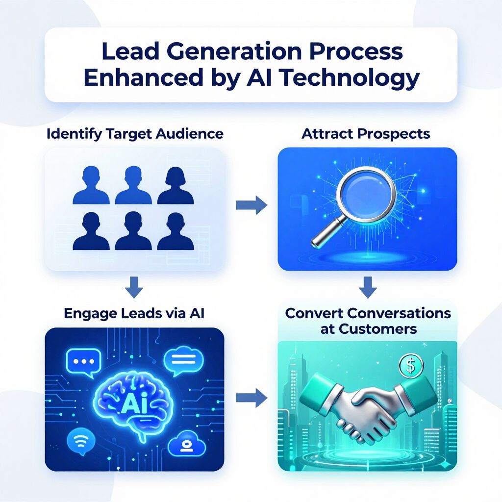 Lead generation process enhanced by AI: identifying audience, attracting prospects, engaging leads, converting customers.