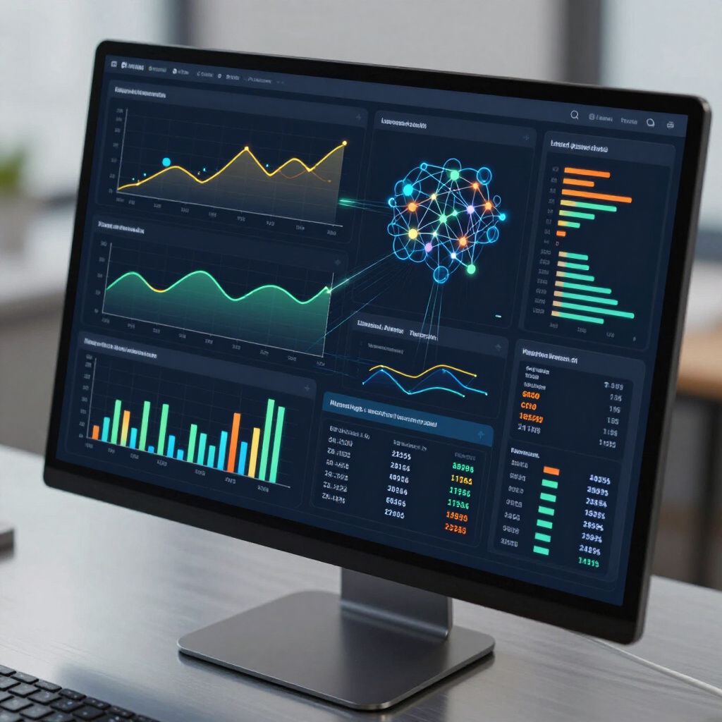 Computer monitor displaying a data analysis dashboard with graphs and charts in various colors.