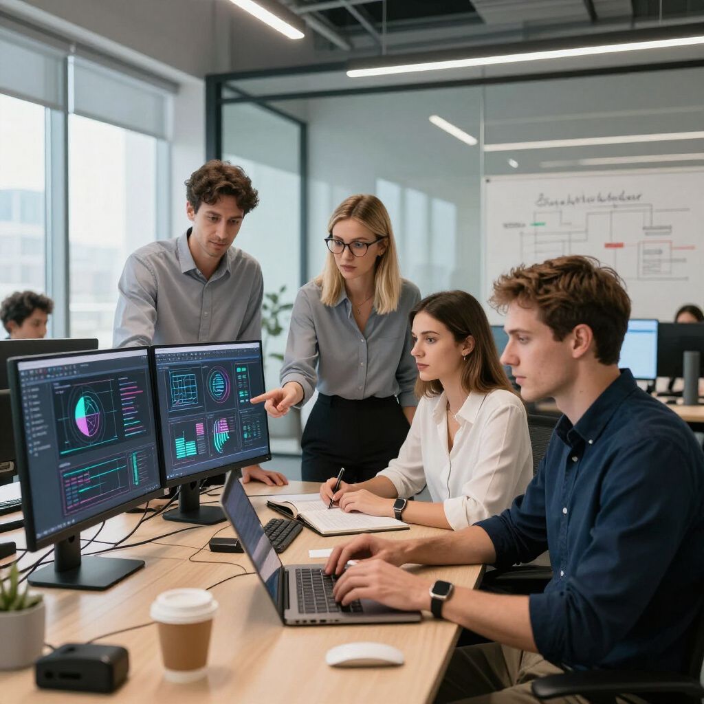 People collaborating around computer screens in an office setting, analyzing data.