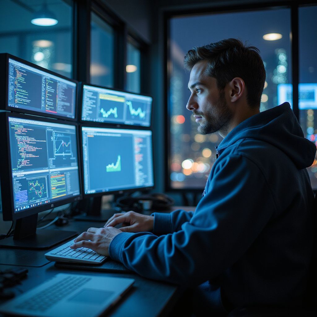 Man in blue hoodie codes at desk with multiple computer monitors displaying graphs and code, nighttime setting.