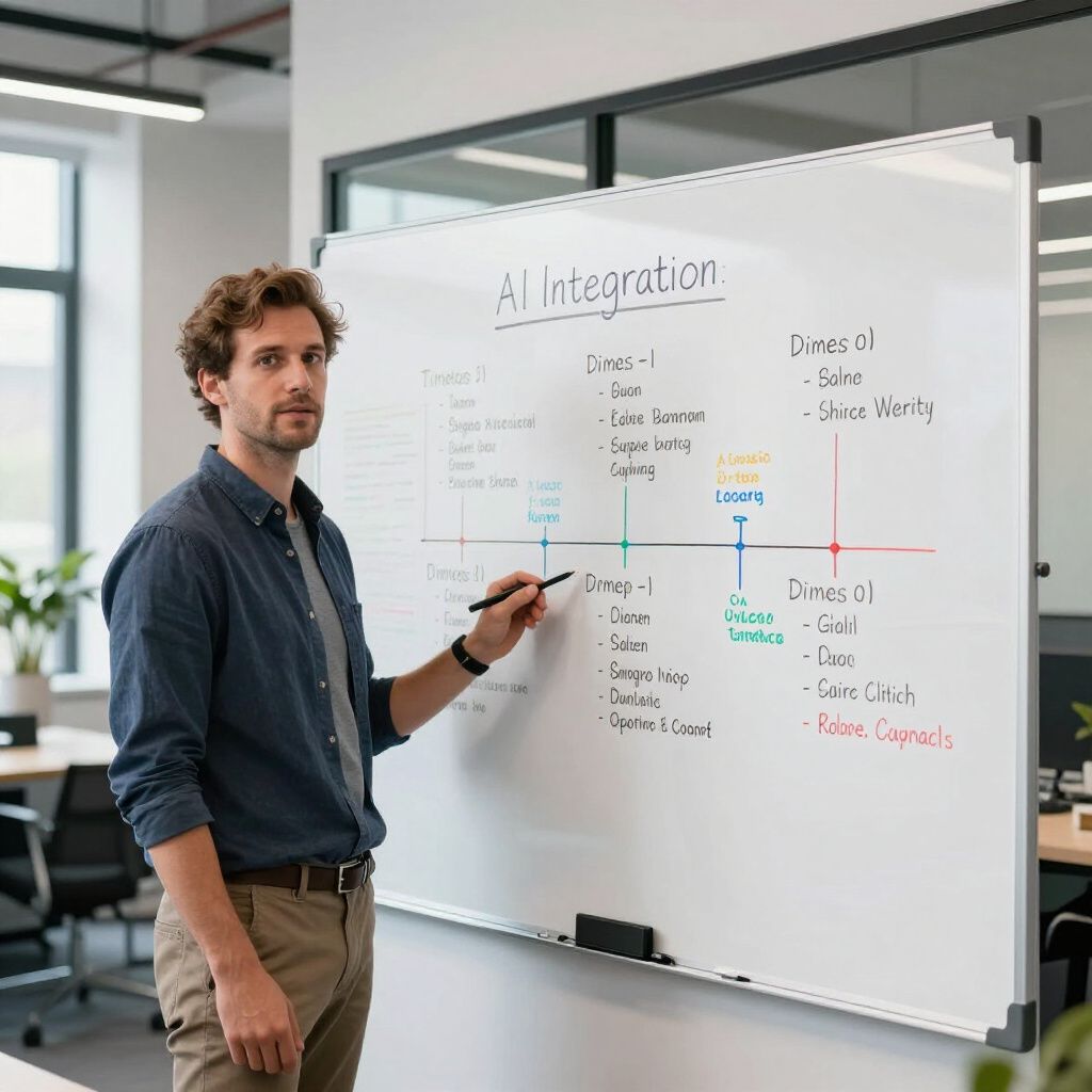 Man points to whiteboard labeled "AI Integration" in an office. Diagram lists phases, names, and a timeline.
