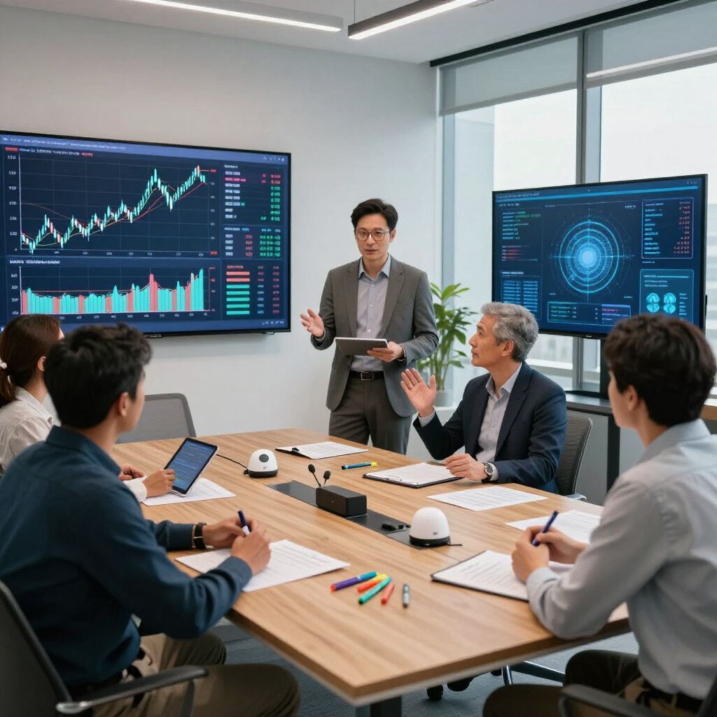 Business meeting: man presenting data on screen, colleagues seated around table.