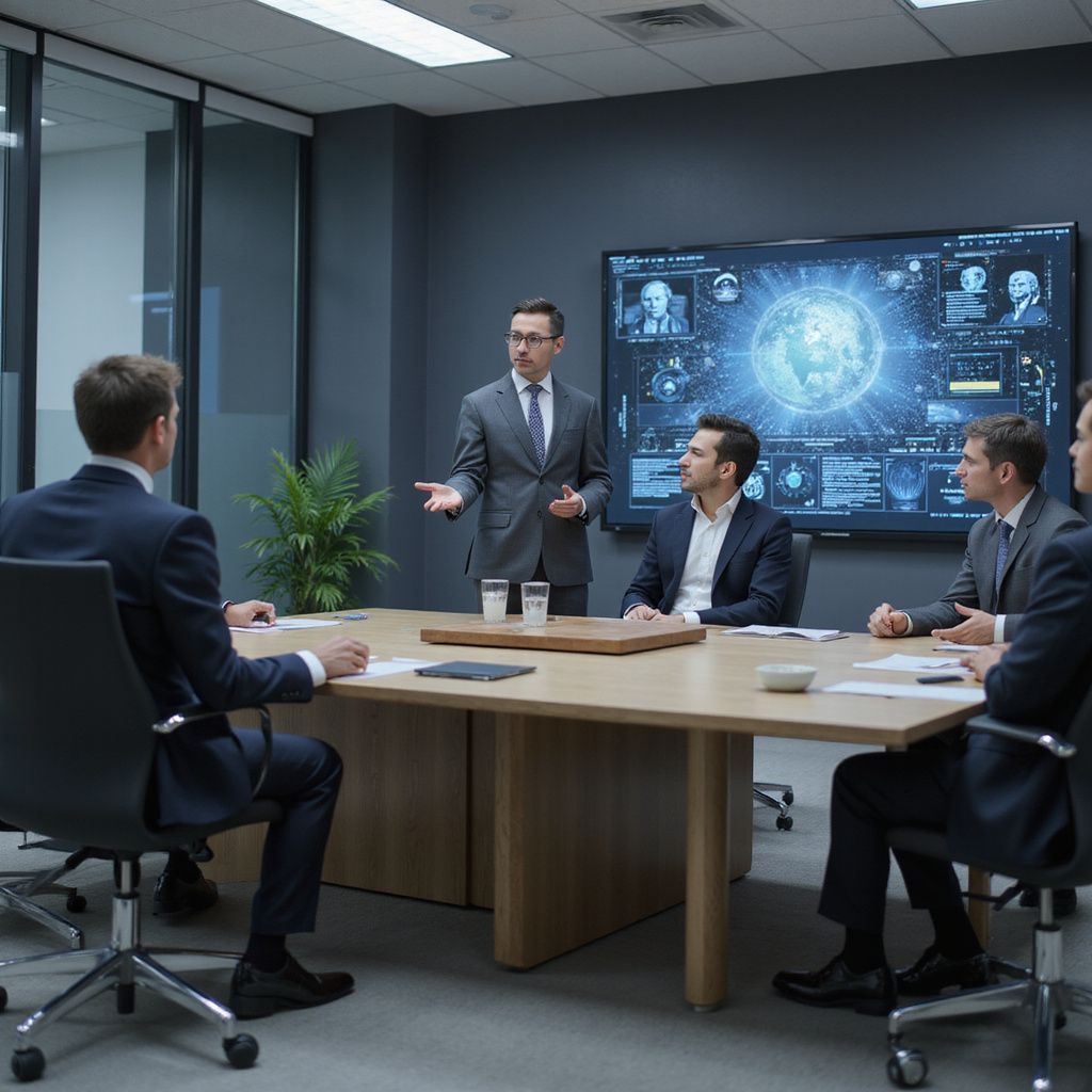 Business meeting in a modern office; man presenting at a table to four colleagues in suits, large screen display.