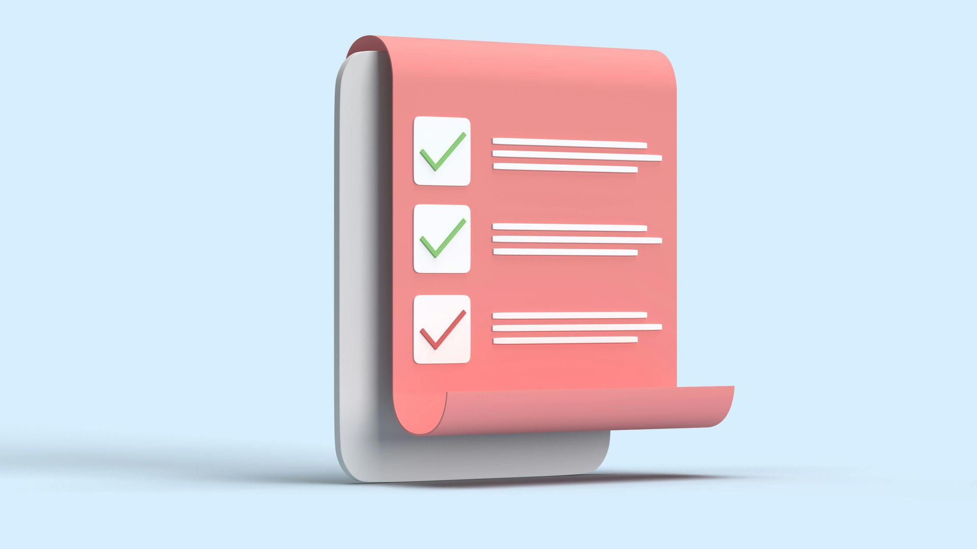 Pink checklist with three completed items, on a gray pad, on a light blue background.