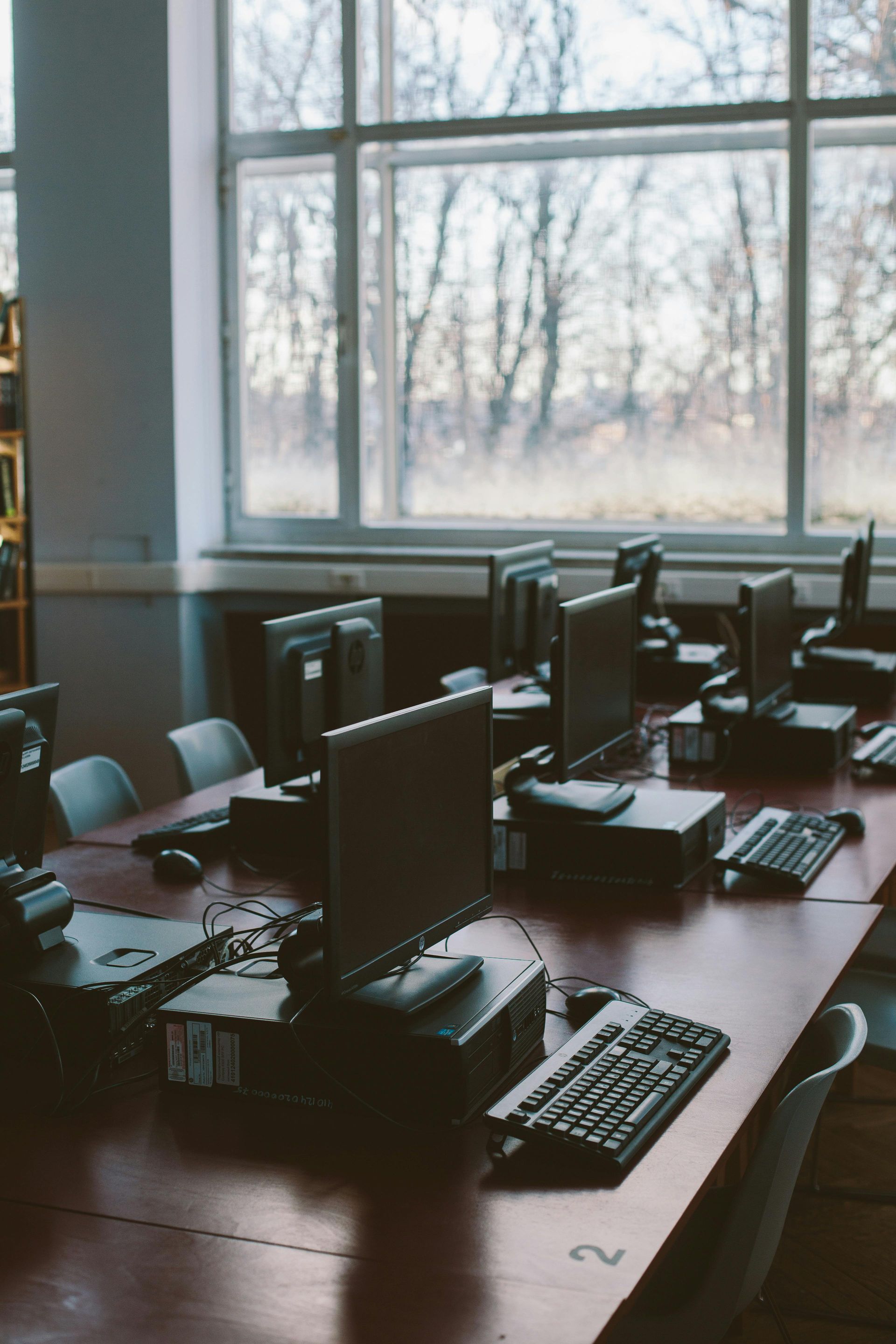 Computer lab with rows of PCs on a long wooden table next to a large window overlooking trees.