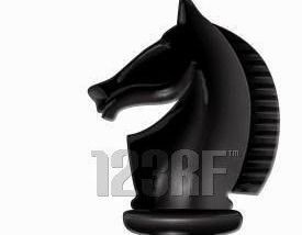 Black chess knight piece, isolated on white background.