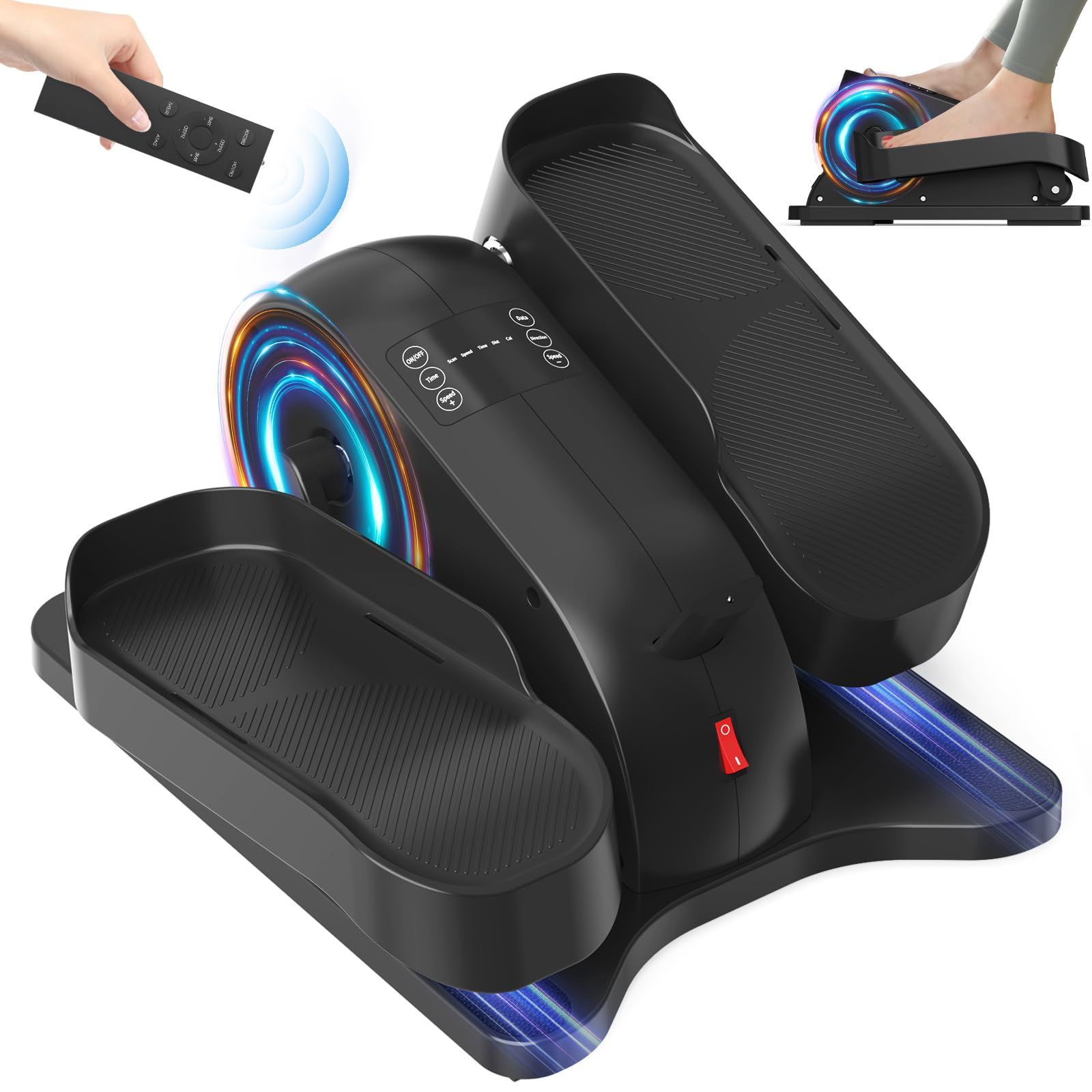 Black elliptical machine with blue and multicolored LED lights. Includes remote control and foot pedals.