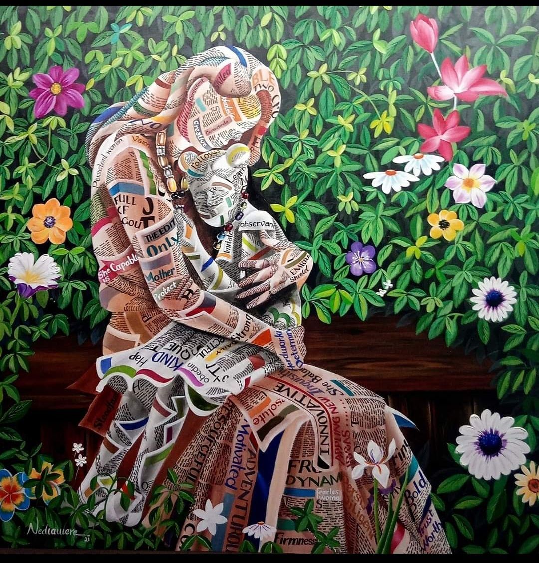 A woman hugging a child, both composed of newspaper text, on a bench in a flowered garden.