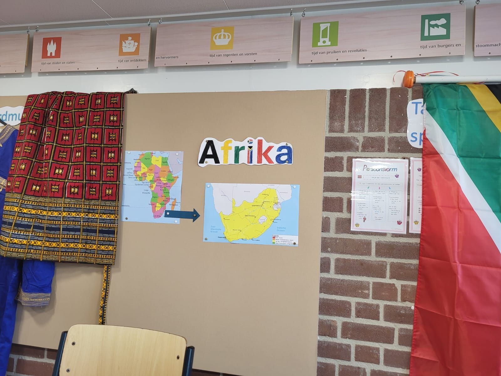 Classroom display about Africa: Maps, the Afrika sign, the South African flag, and cultural garments.  Discovering Africa in the classroom