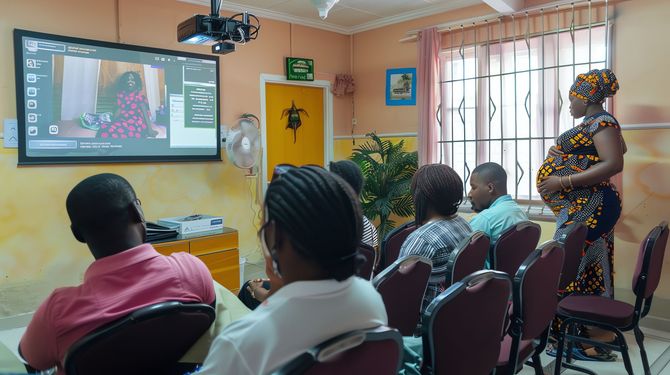 People watch a projection screen in a room, a pregnant woman stands.