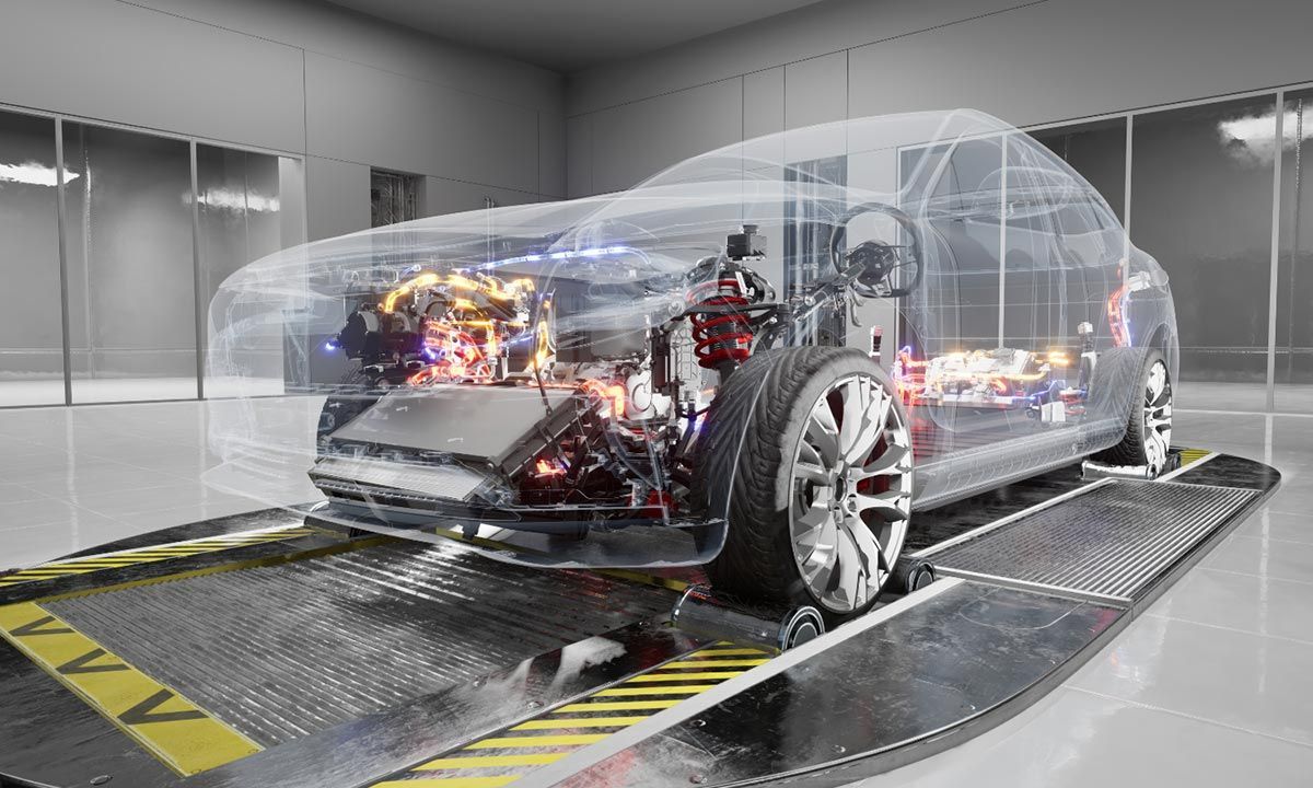 Car with transparent shell on a dynamometer in a bright lab setting, showcasing internal components.
