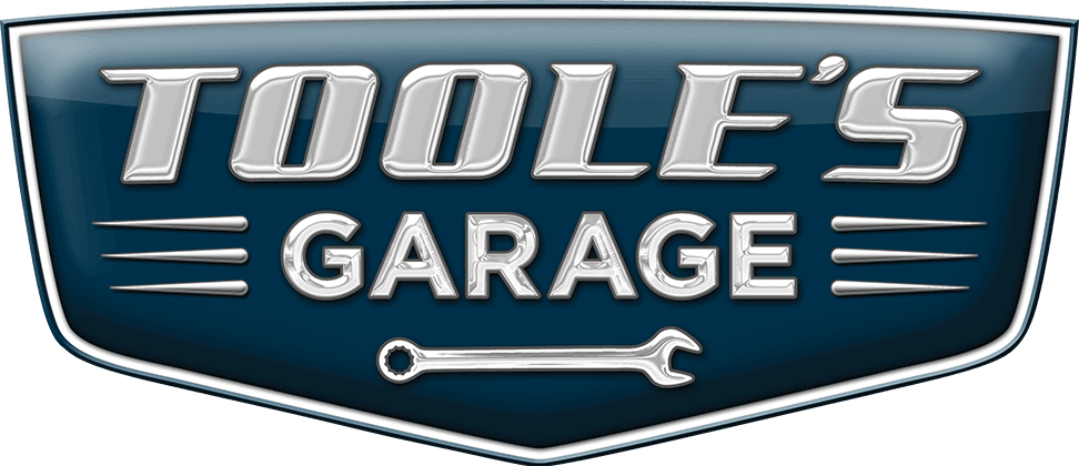 Logo for Toole's Garage, featuring text and a wrench on a blue background.
