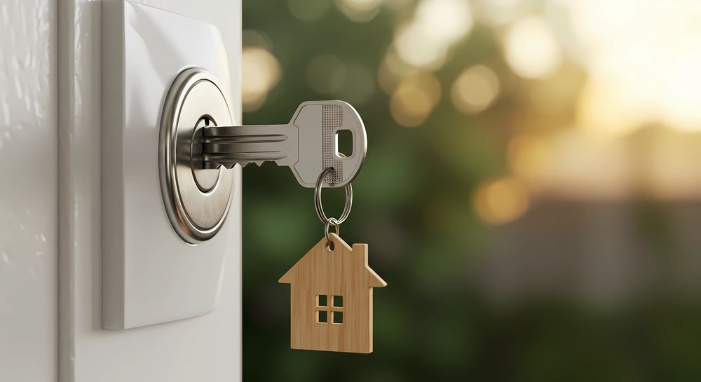 A metal key with a small wooden house-shaped keychain is inserted into a door lock against a soft, blurred background. — Diamond Real Estate QLD in Mango Hill, QLD