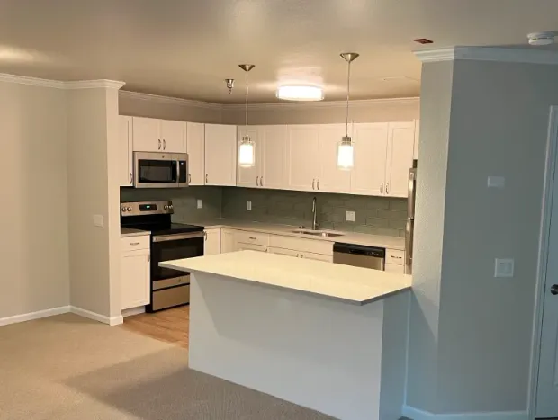 Modern kitchen with white cabinets, stainless steel appliances, and a white island.