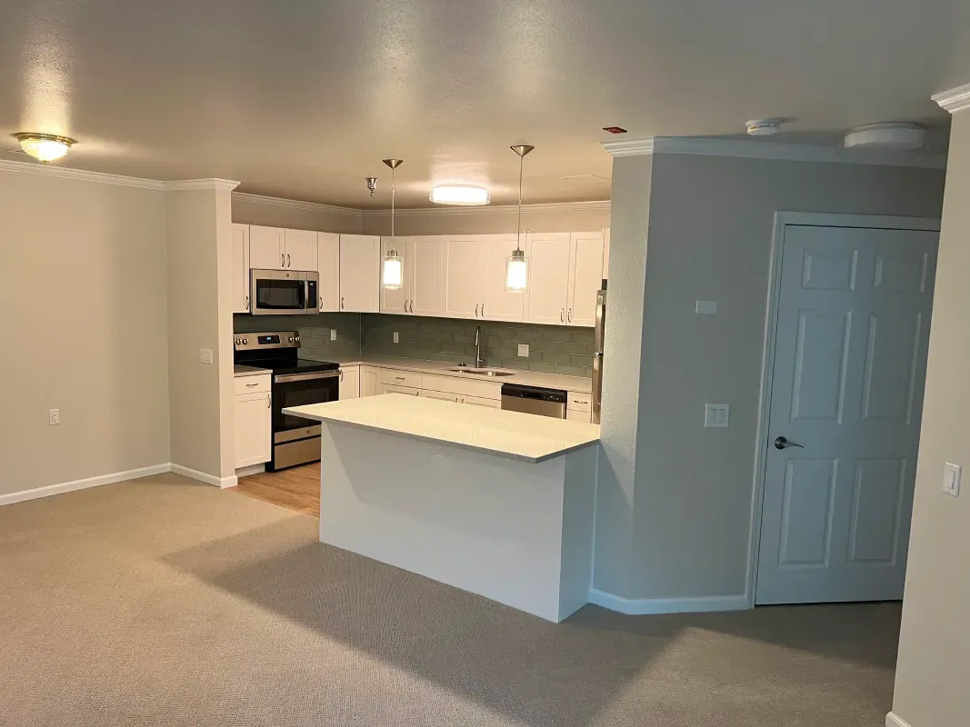 Kitchen and dining area in an apartment with white cabinets, light-colored walls, and carpet.