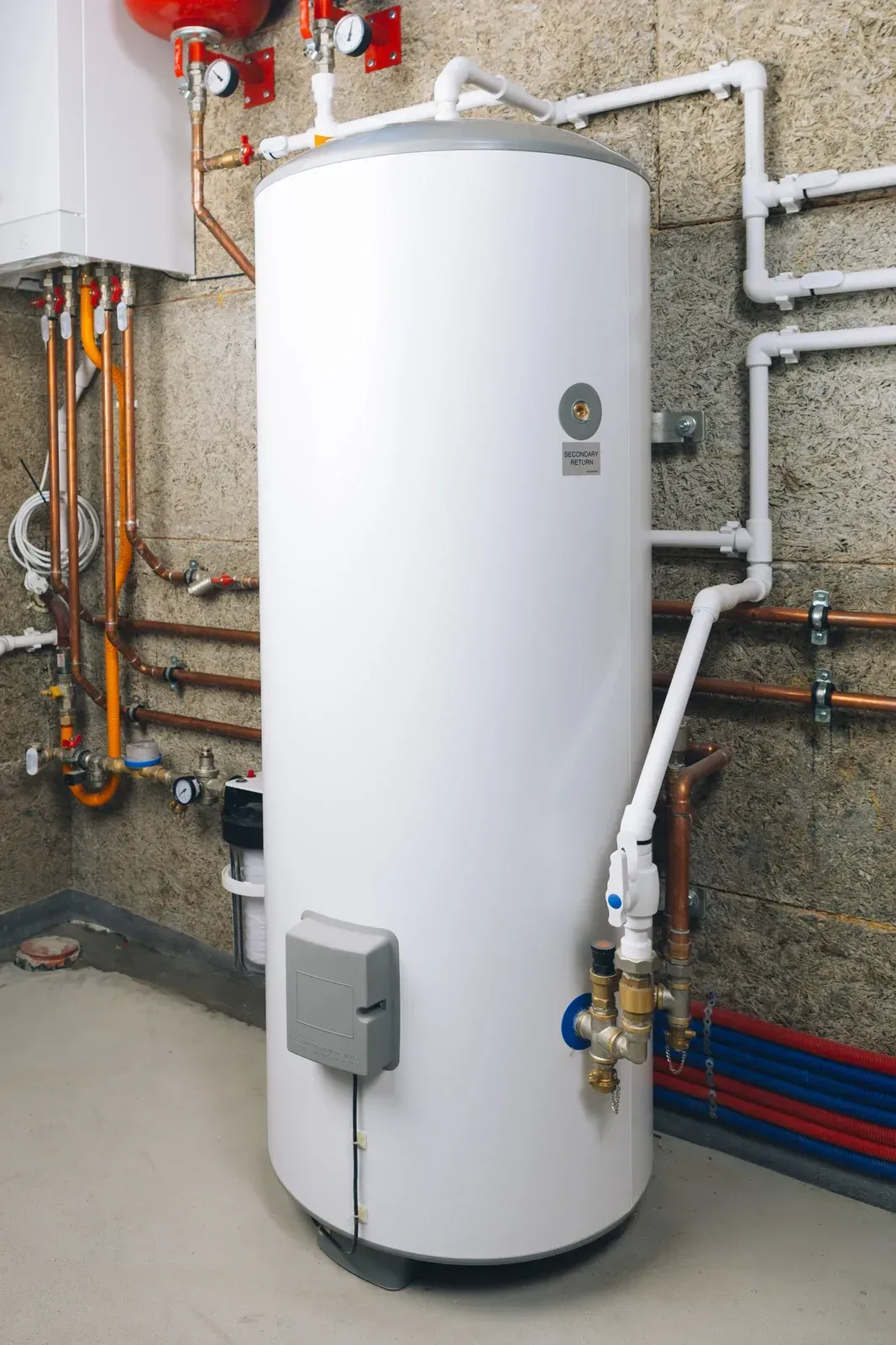 A white residential water heater cylinder stands in a basement utility area with connected pipes and valves.