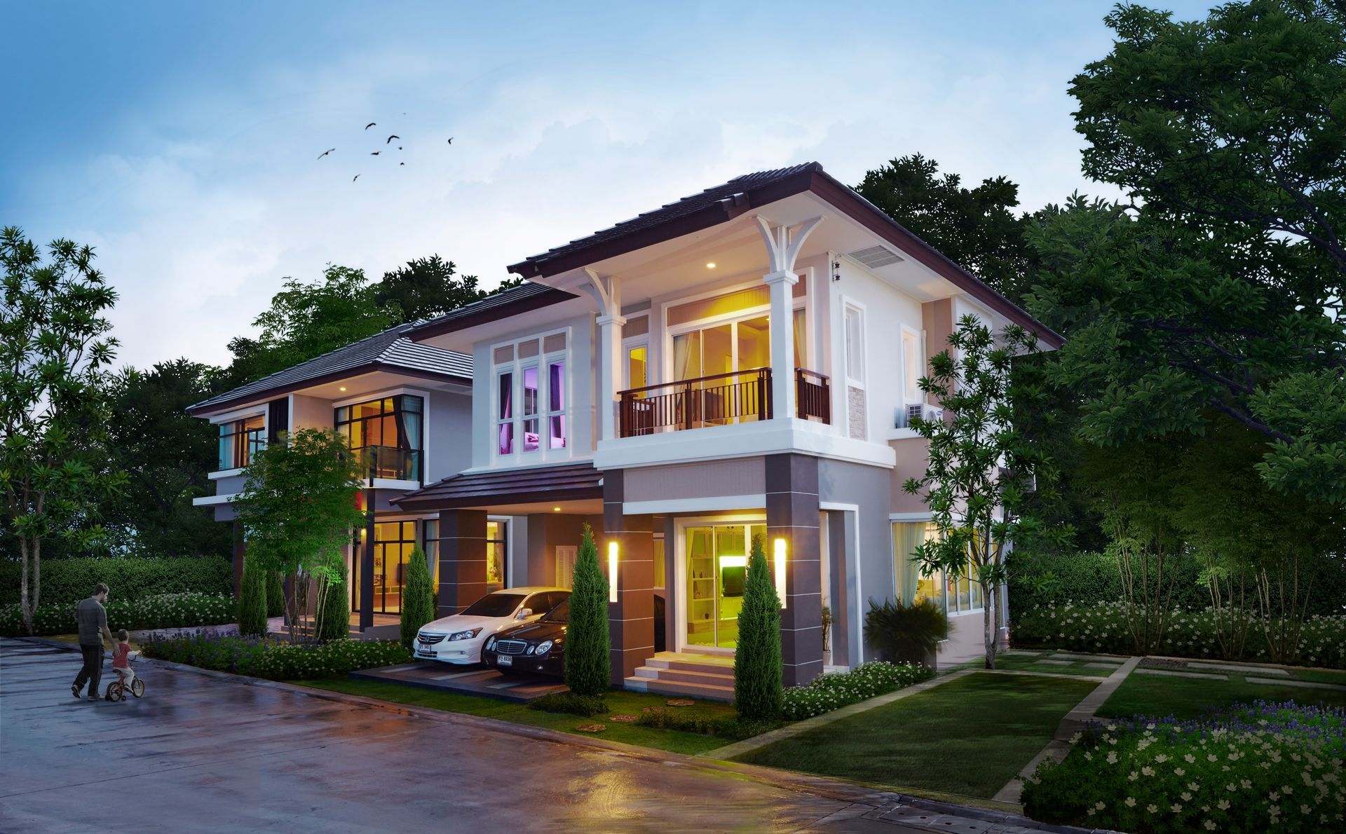A large house with a car parked in front of it.