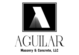 Logo for Aguilar Masonry & Concrete, LLC featuring a stylized white 'A' with a lined gradient on a black square background.