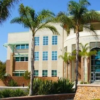 A large building with palm trees in front of it