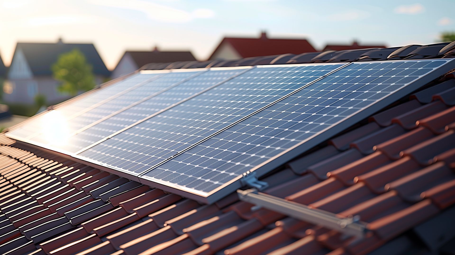 A row of solar panels sitting on top of a tiled roof.