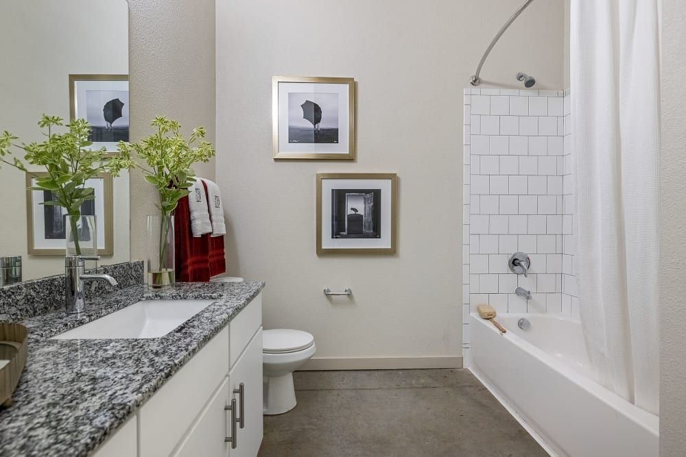 A well-lit modern bathroom with a large mirror above a vanity that has a granite countertop. There's a clear vase with green foliage on the counter. On the wall beside the vanity hangs three framed monochromatic photographs. To the right, there's a white bathtub with a shower curtain drawn halfway, tiled with white subway tiles. A red-striped towel hangs on a towel rack by the toilet. The overall color scheme is neutral with white and grey tones at Marq on Burnet in Austin, TX.