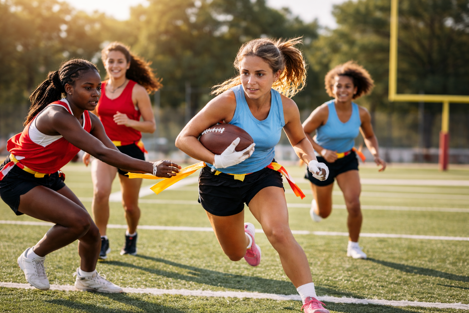 Women playing flag football on a field; one running with the ball, others chasing.