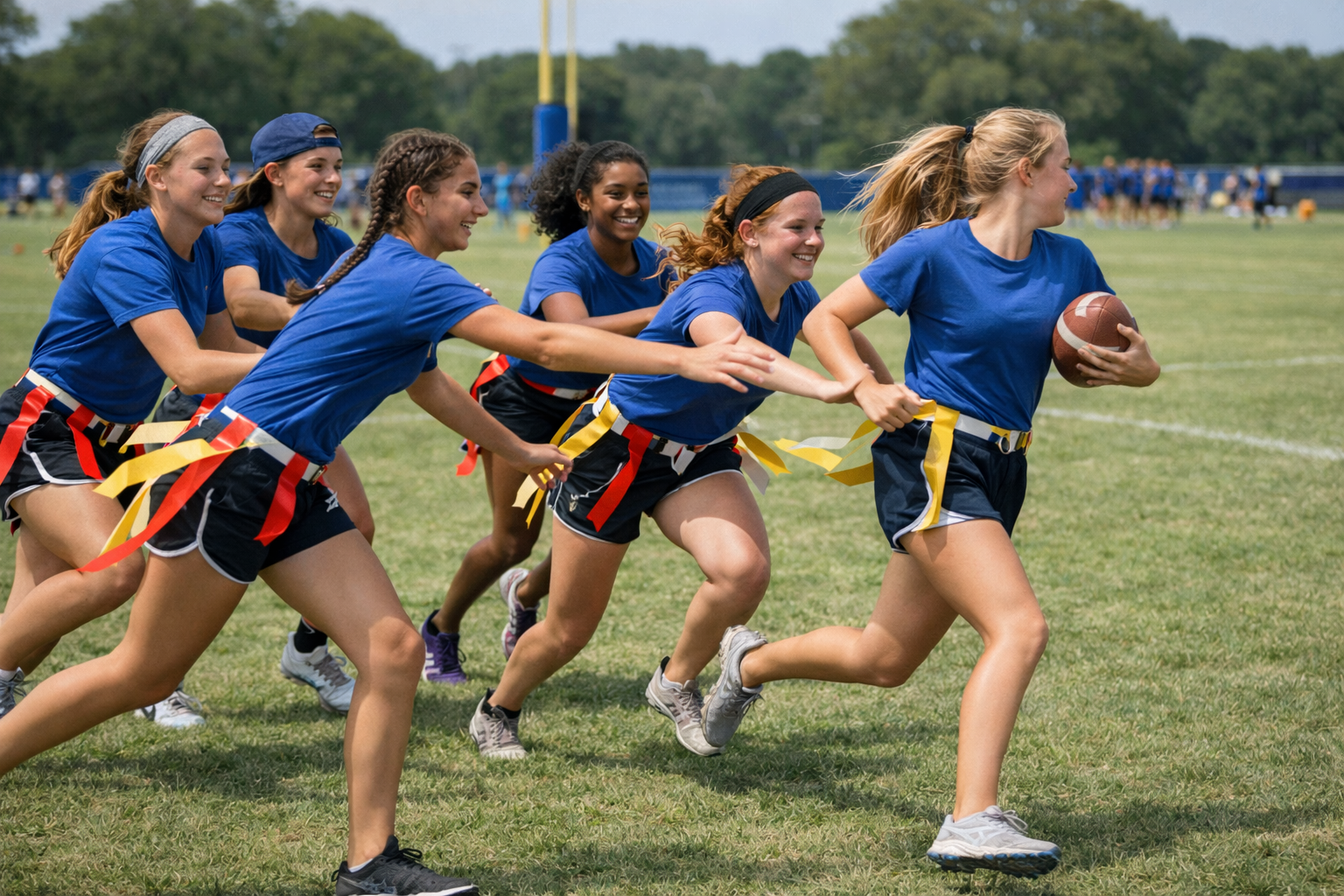 Girls in blue shirts and black shorts playing flag football on a green field.
