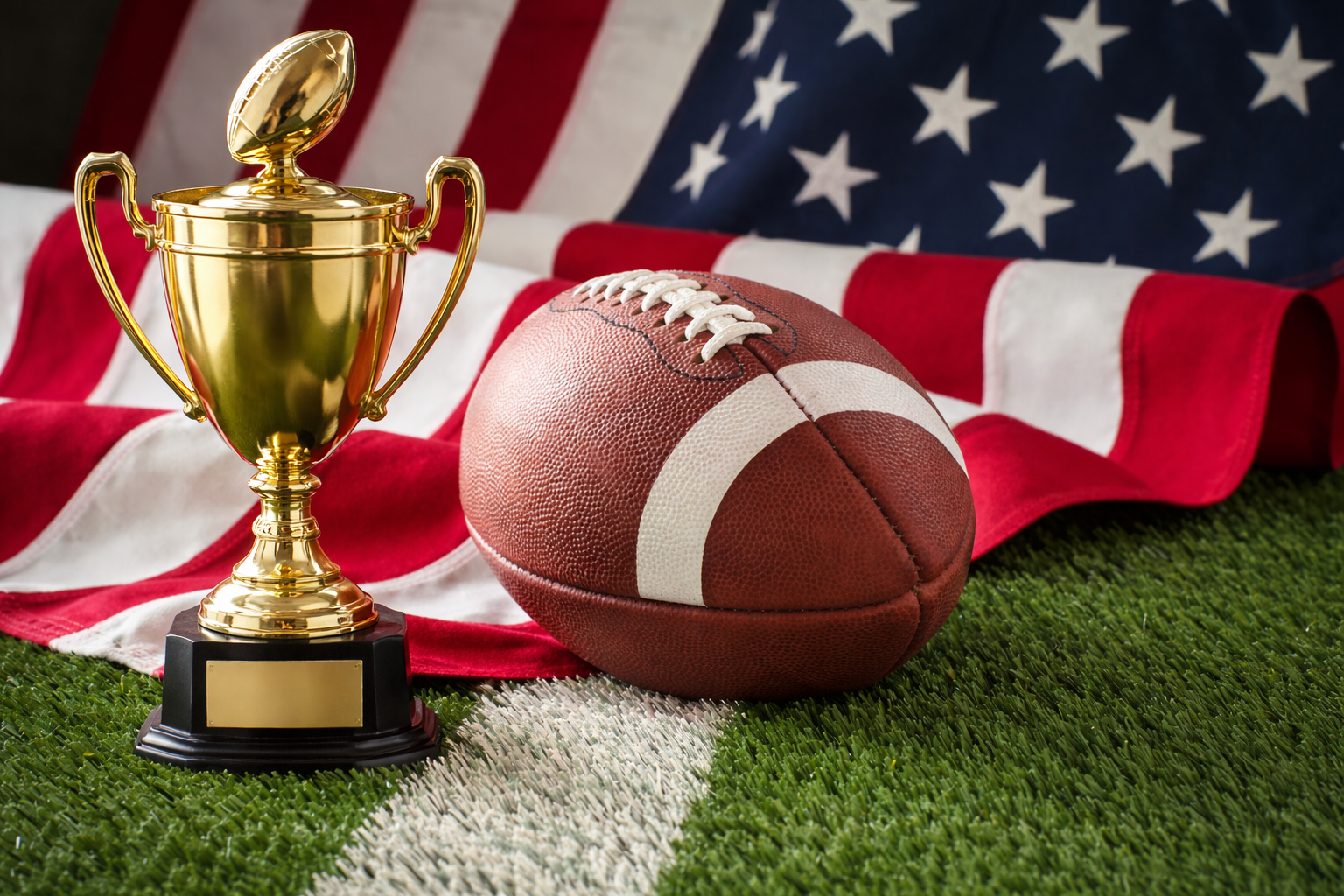 Trophy, football, and American flag on a green field.