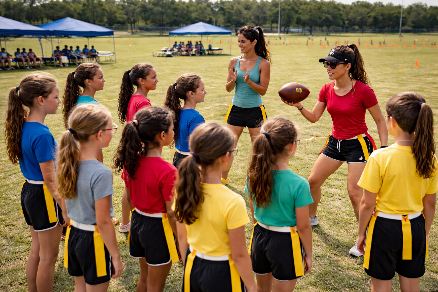 Girls in colorful shirts and shorts listen to coaches on a field. One coach holds a football.