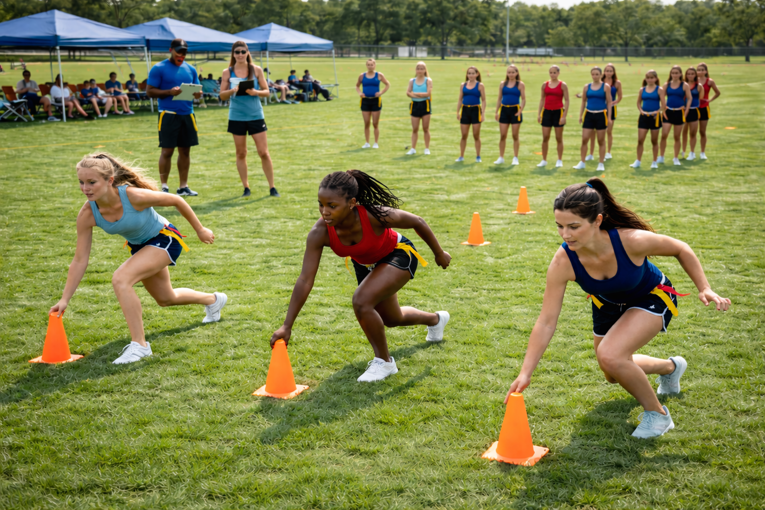 Three girls sprinting in a field during a competition, reaching for orange cones. Spectators and coaches watch in background.