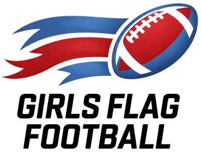 Girls Flag Football logo: football with blue and red ribbons, black text.