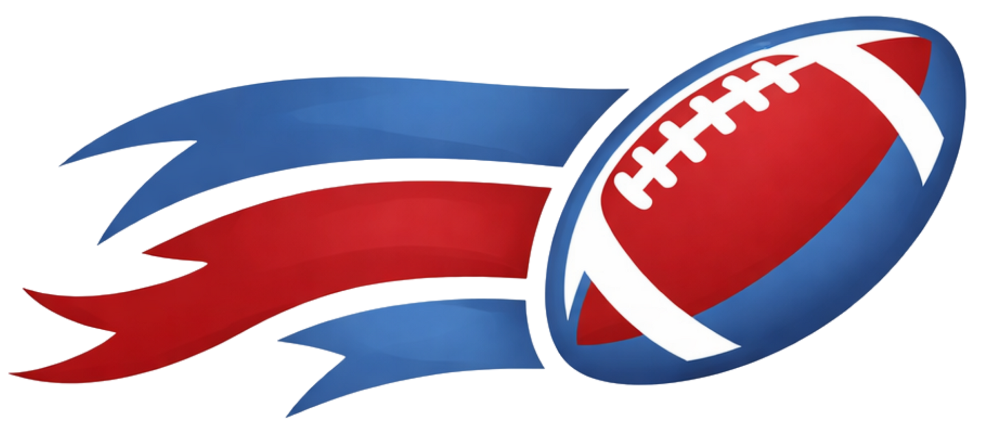 A red and blue football with a blue and red ribbon trailing behind it.