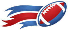 A red and blue football with a blue and red ribbon trailing behind it.