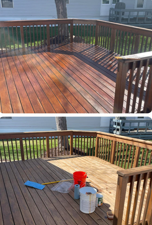 A before and after picture of a wooden deck being cleaned.