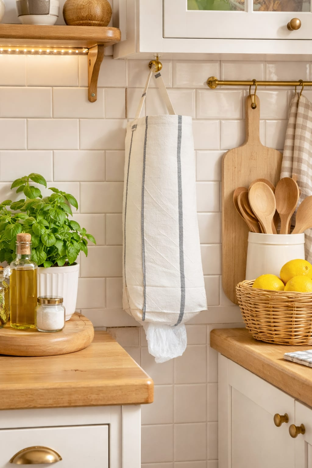 Acogedor rincón de cocina con azulejos blancos, delantal colgante