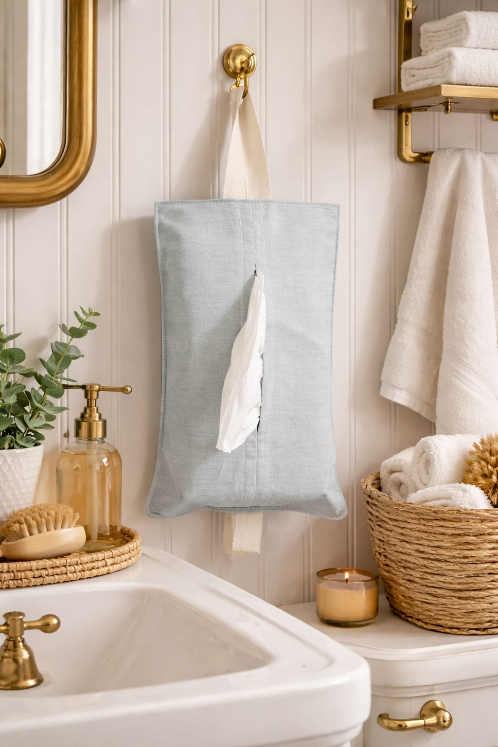 Dispensador de pañuelos colgante azul claro en un baño color crema con detalles dorados y cestas de mimbre.
