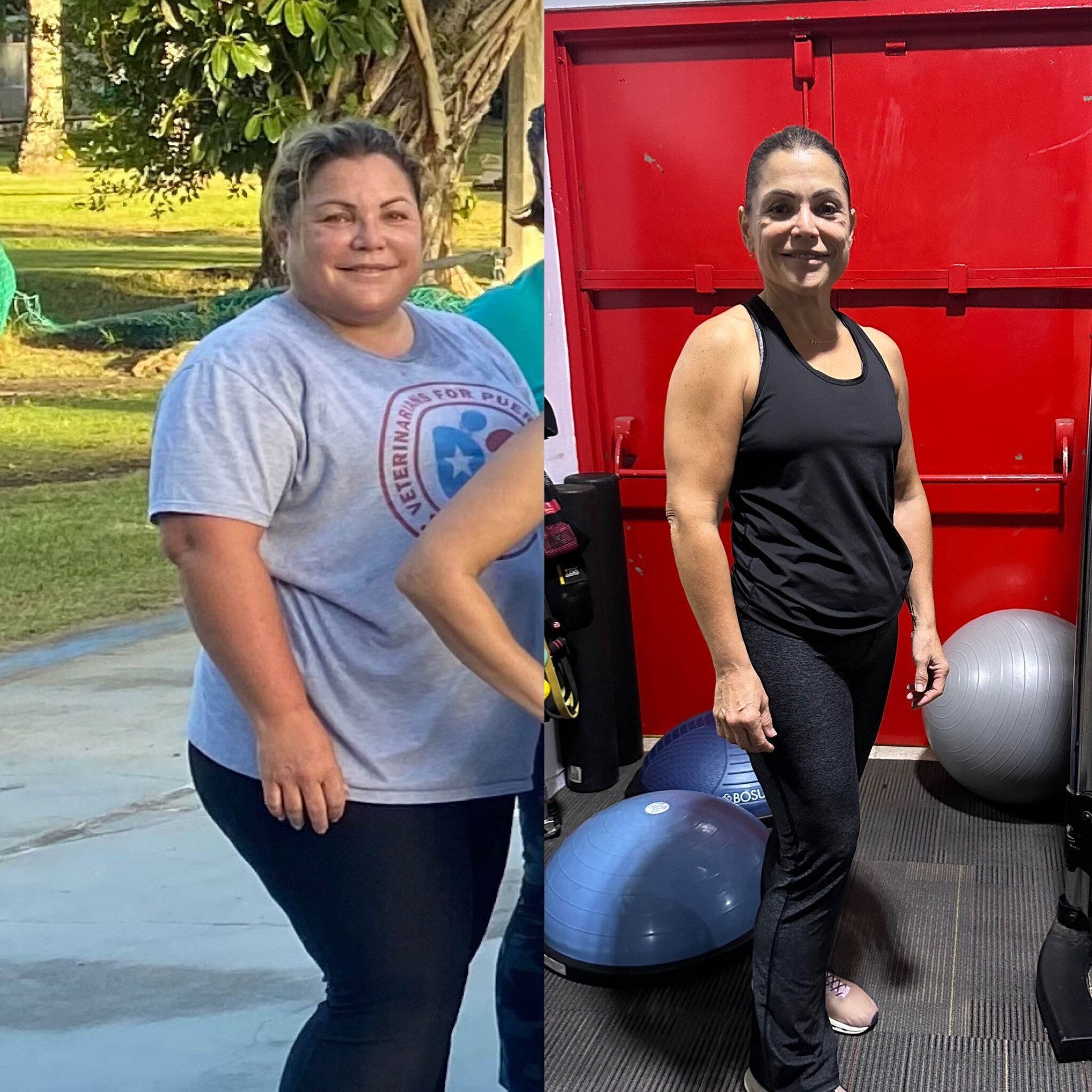 A before and after photo of a woman 's weight loss
