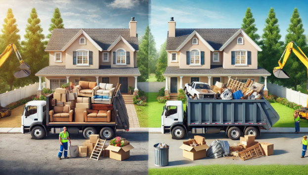 A before and after picture of a house being cleaned.