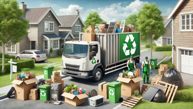 A recycling truck is full of boxes and trash in front of a house.