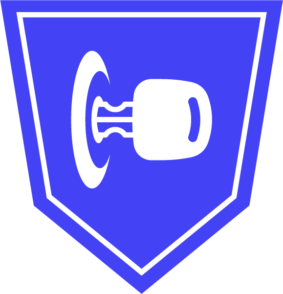 A blue shield with a white icon on it