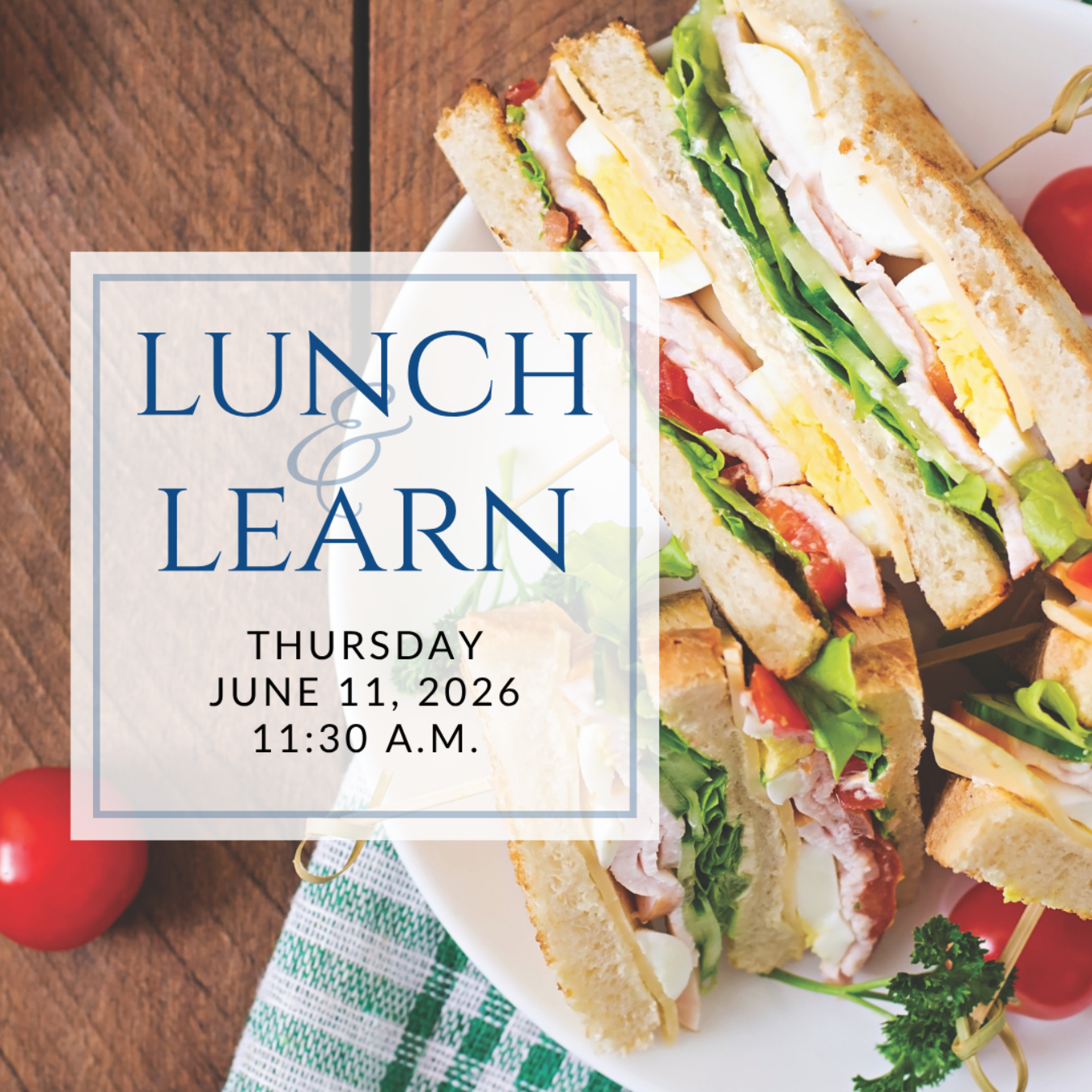 a plate of sandwiches on a table with the words lunch & learn on it