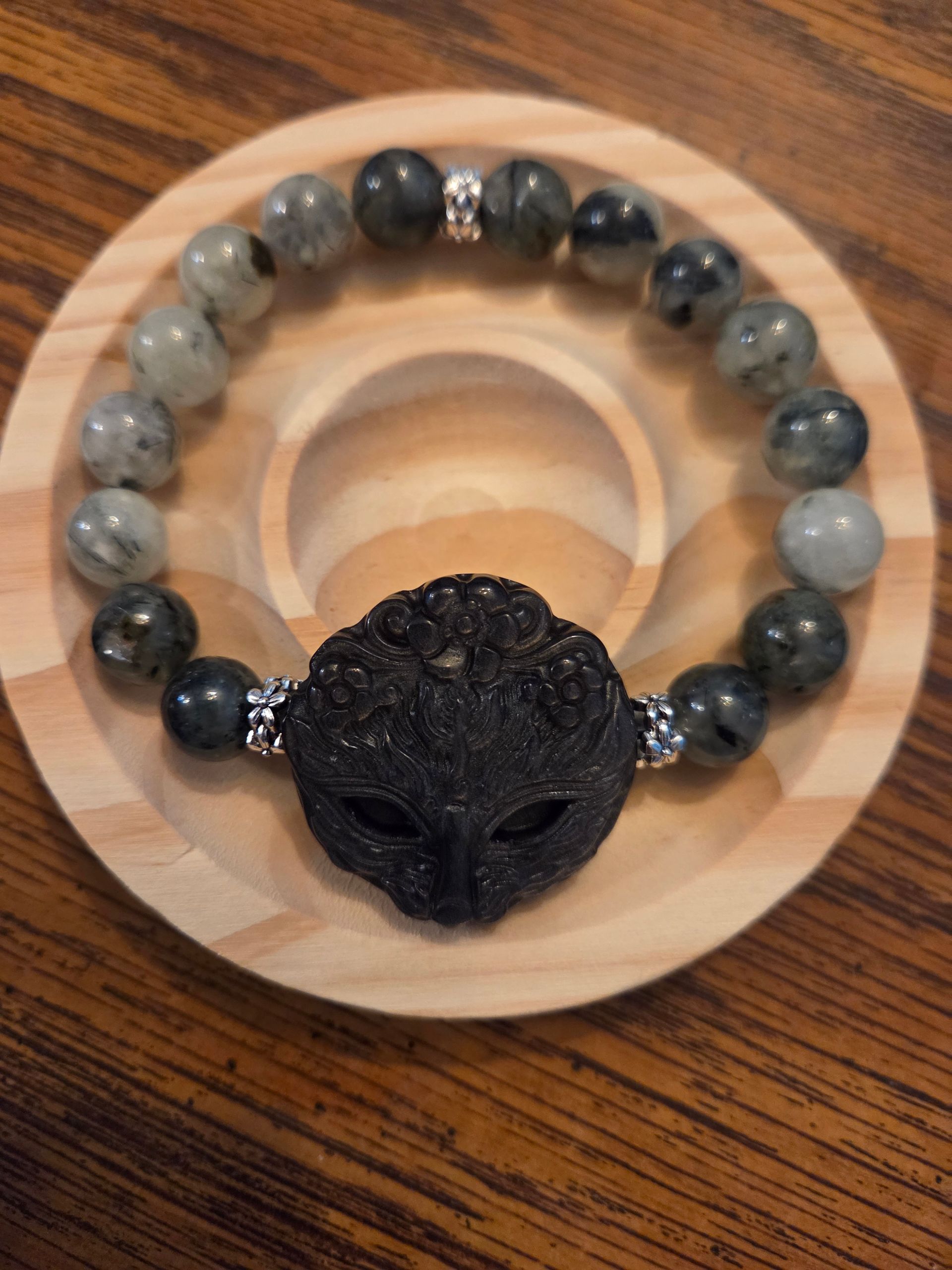 Silver Obsidian Fox Mask, Moss Agate, and Green Prehnite