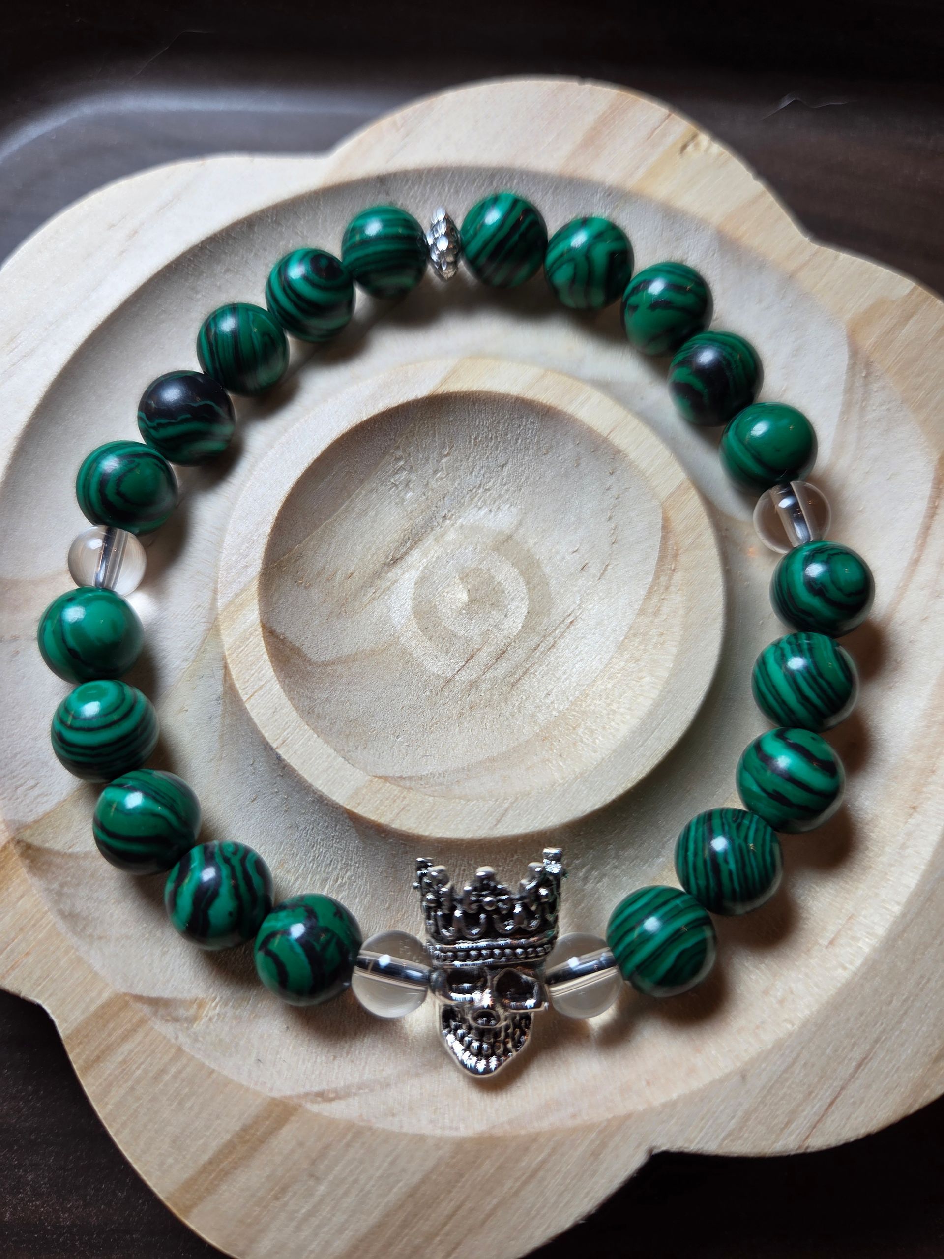 Malachite and Clear Quartz with a King Skull