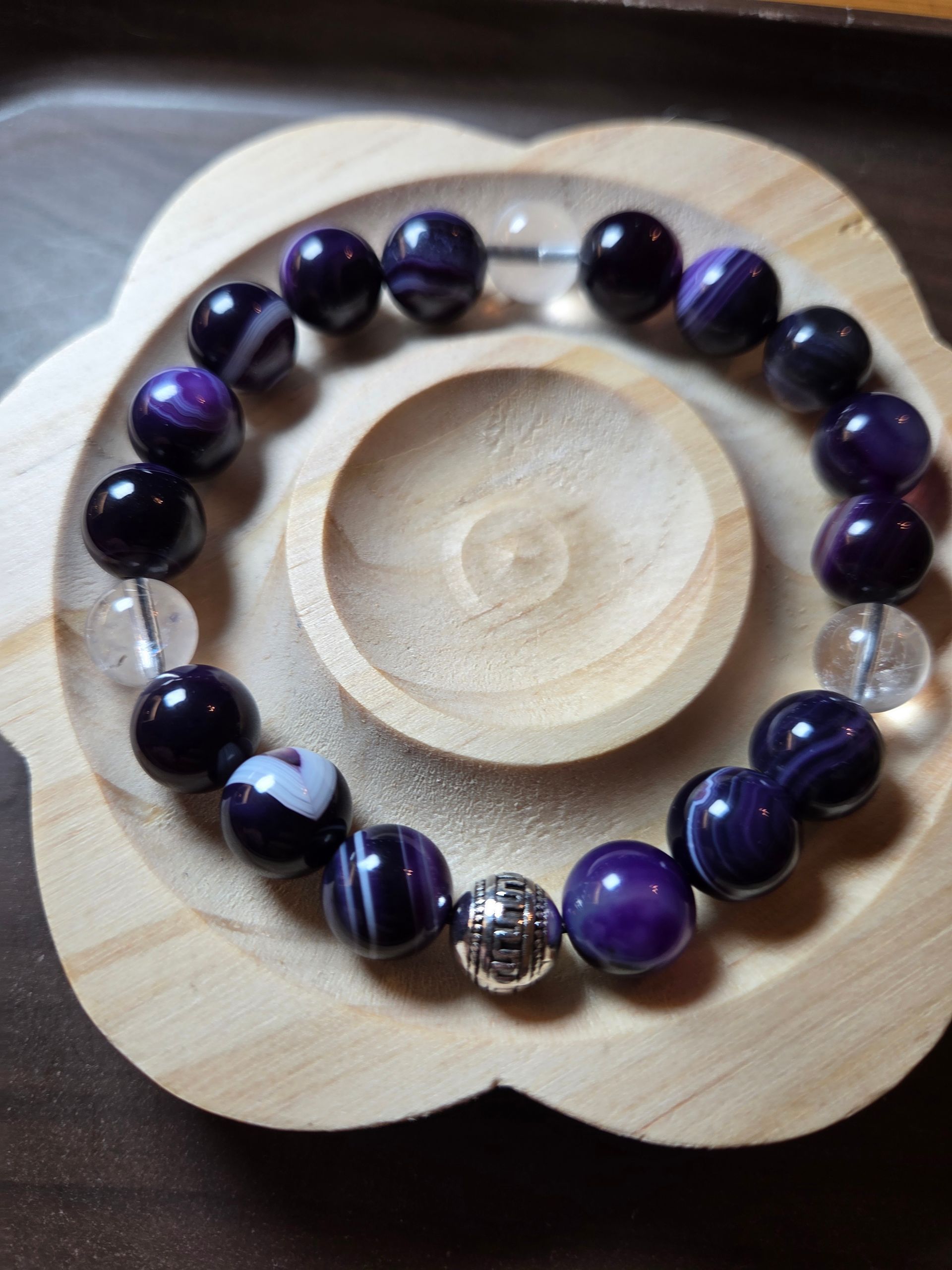 Purple Striped Agate and Clear Quartz with Silver Spacer