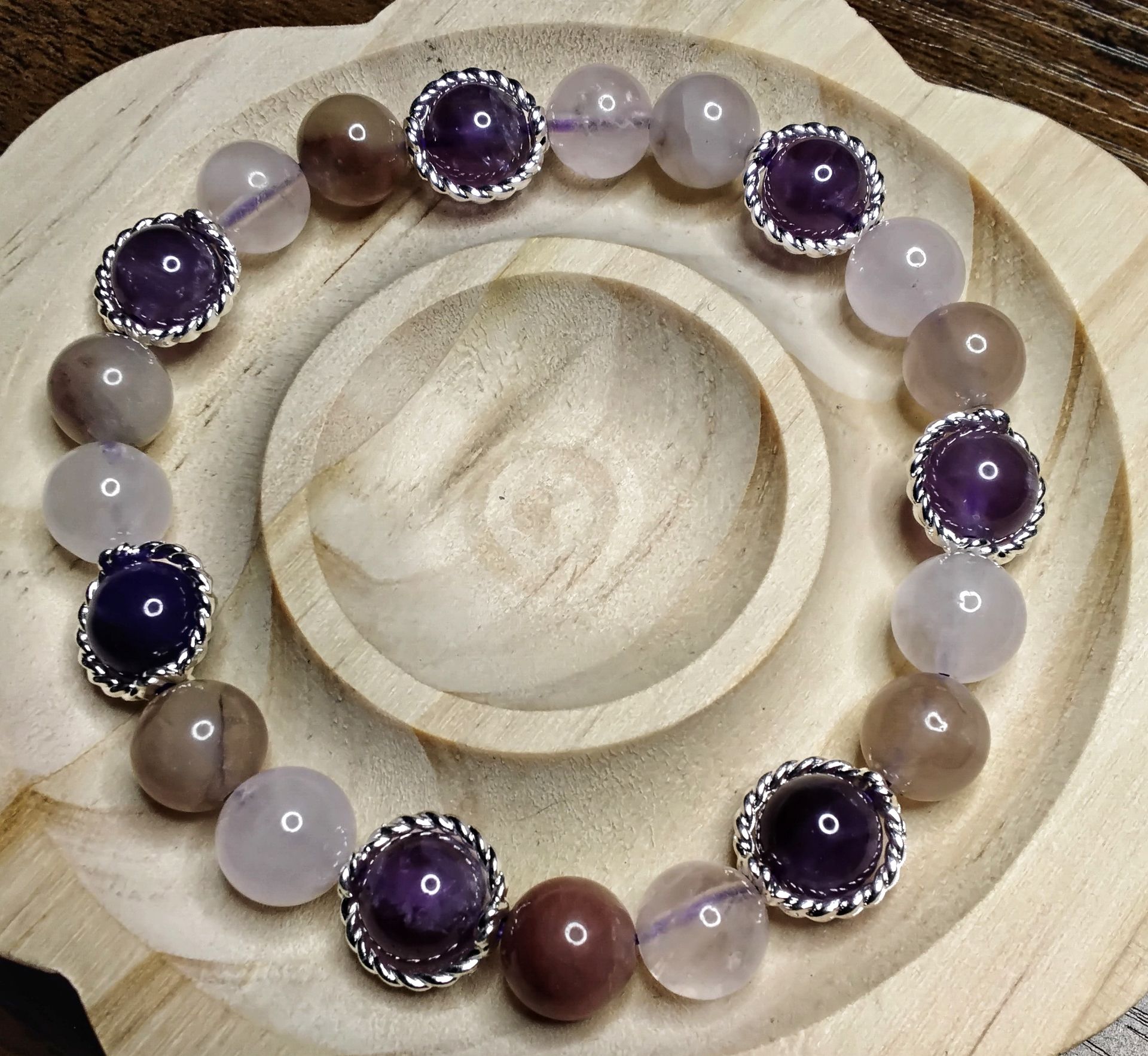 Amethyst, Peach Moonstone, Rose Quartz with Silver Round Bead Frames
