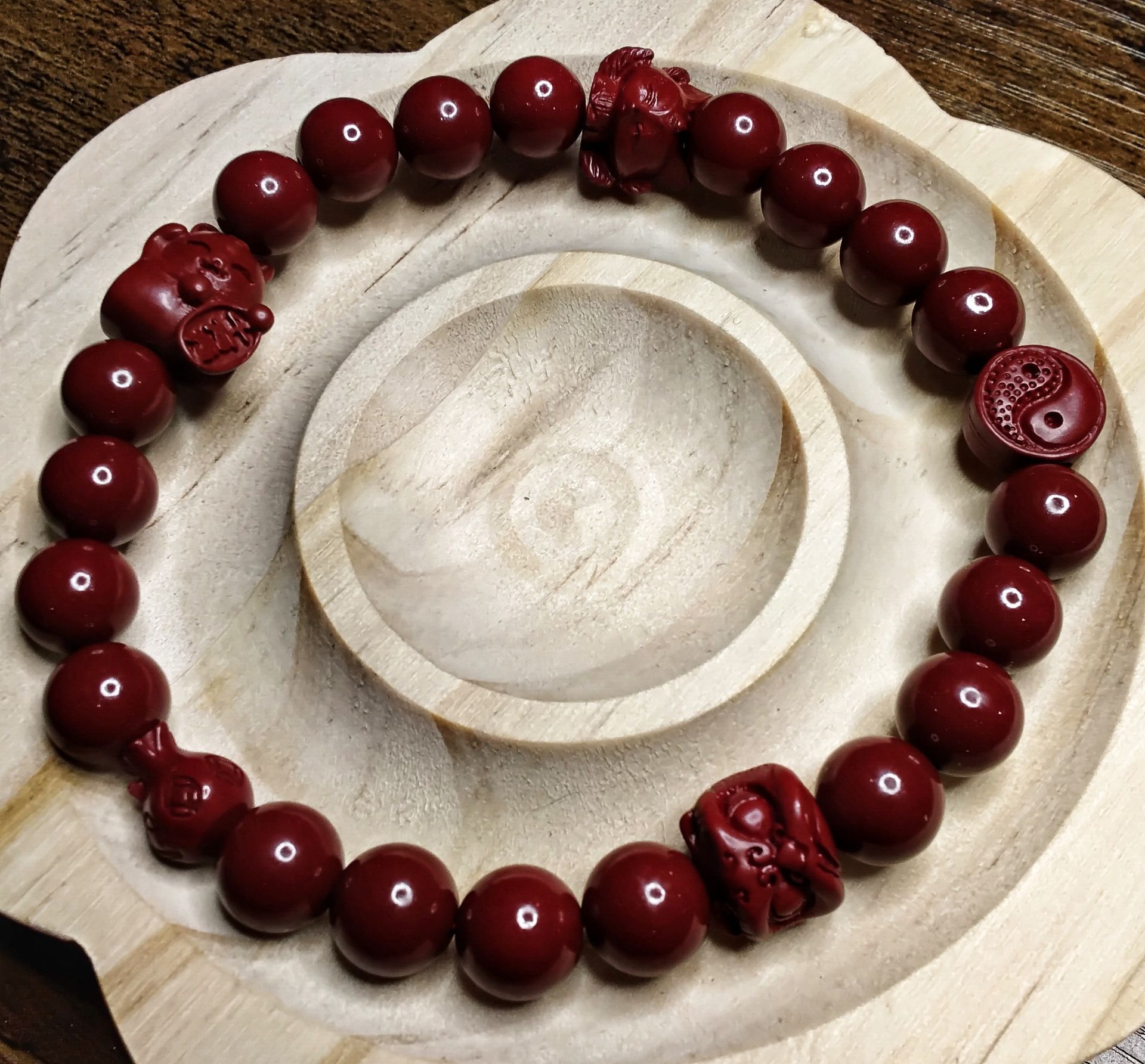 Cinnabar with Lion, Nine Tail Fox, Ying Yang, Coin bag and Fortune Cat