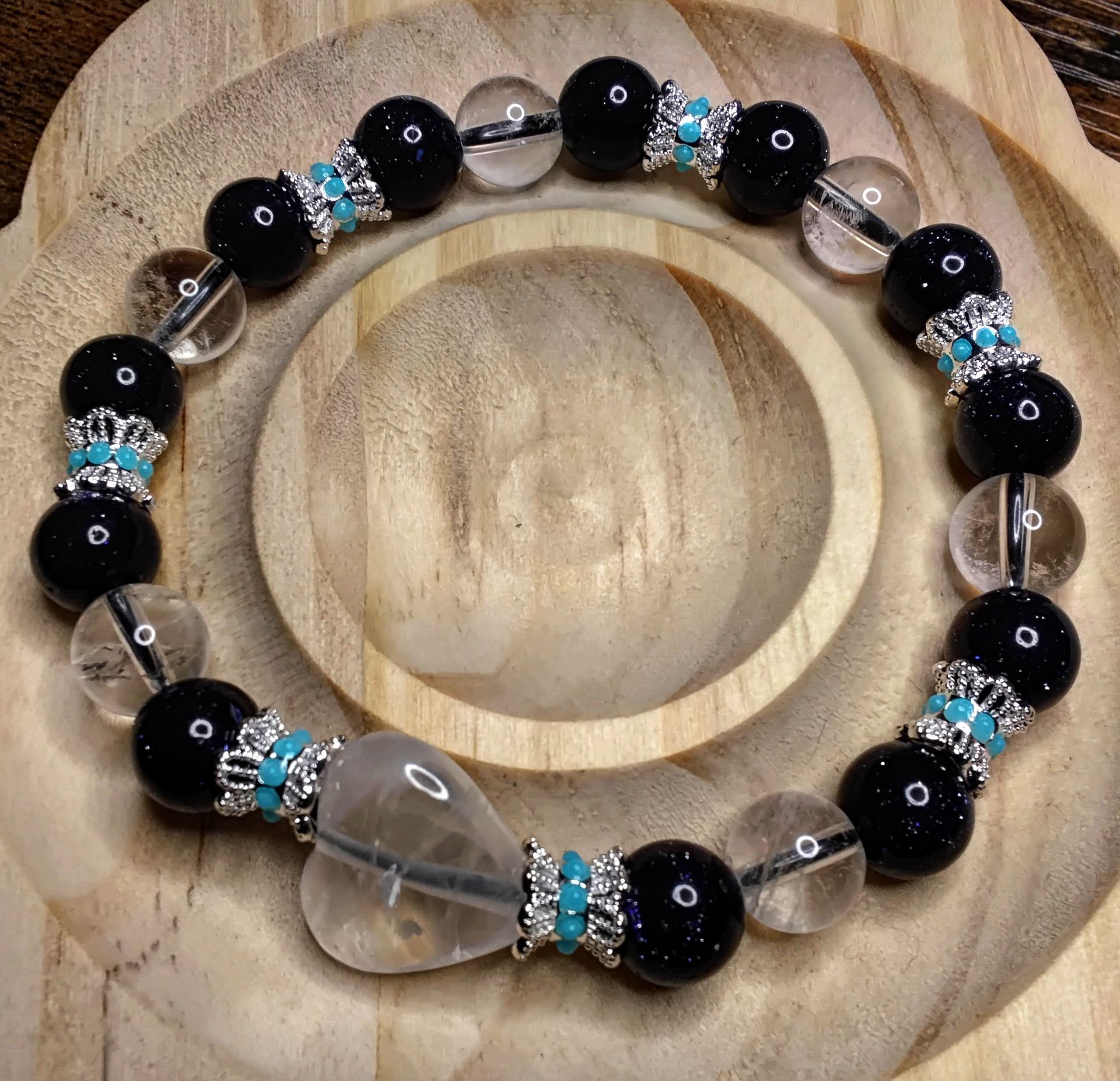 Blue Sandstone, Clear Quartz Heart and Clear Quartz beads