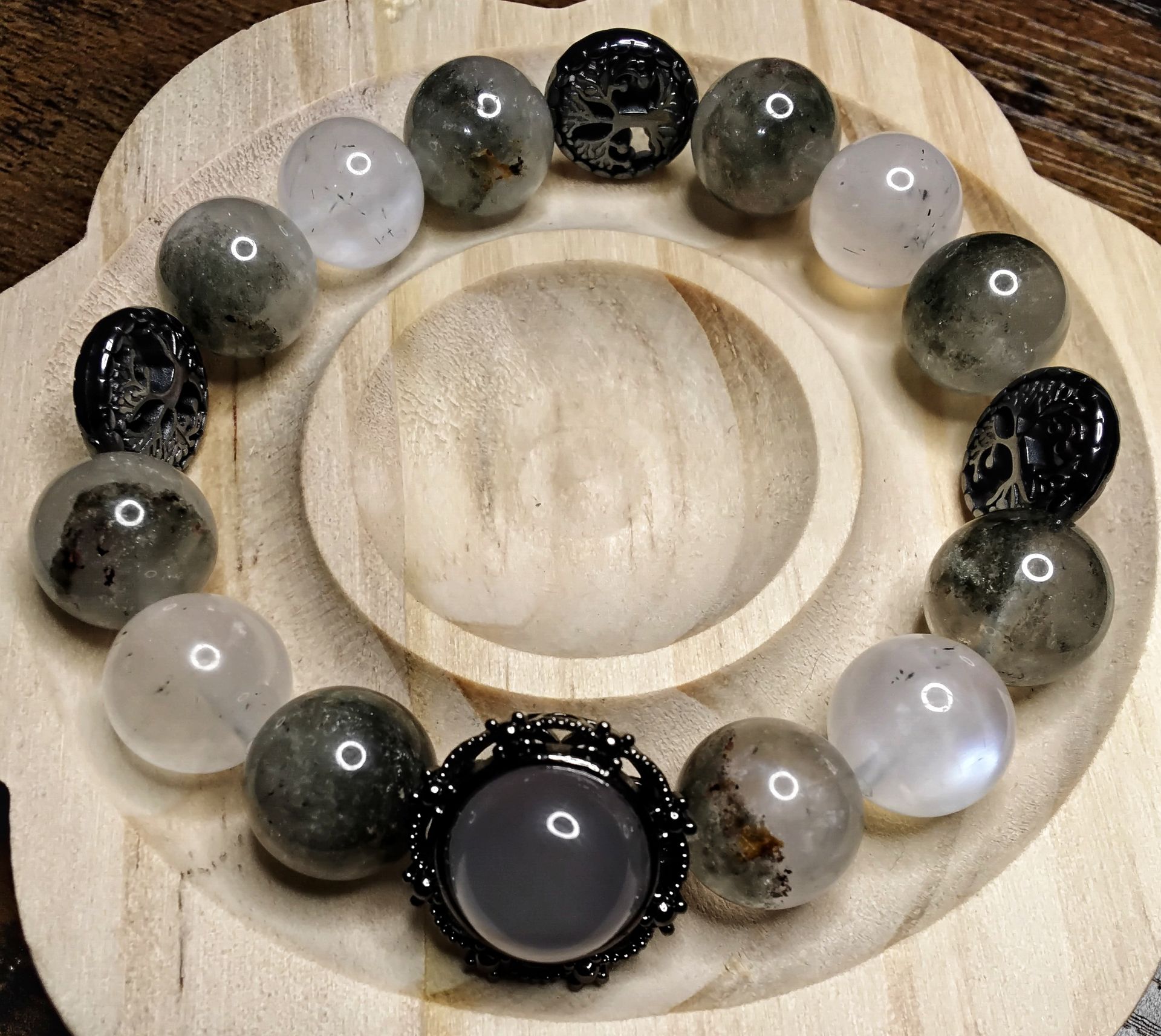 Garden Quartz, Blue Moonstone, Chalcedony Cabochon focal charm, and Tree of Life Charms