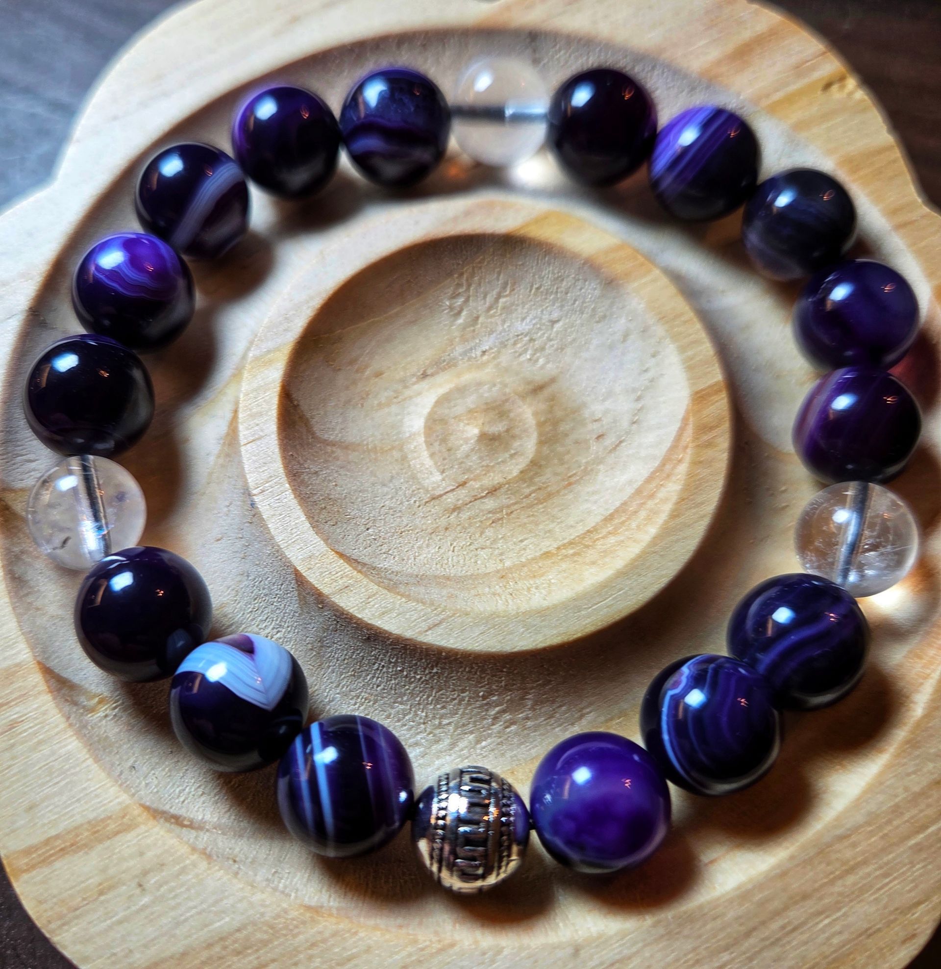 Purple Striped Agate and Clear Quartz with Silver Spacer